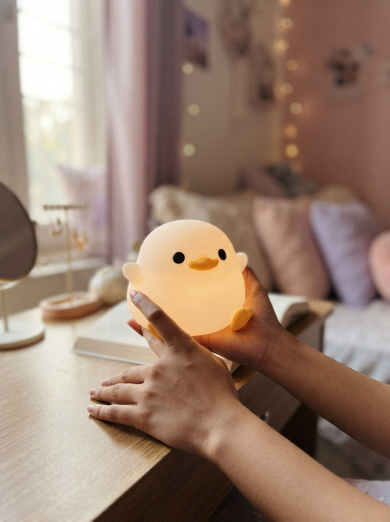 A close-up of a squishy dodo duck night light held on a vanity table in a cozy, sunlit bedroom.